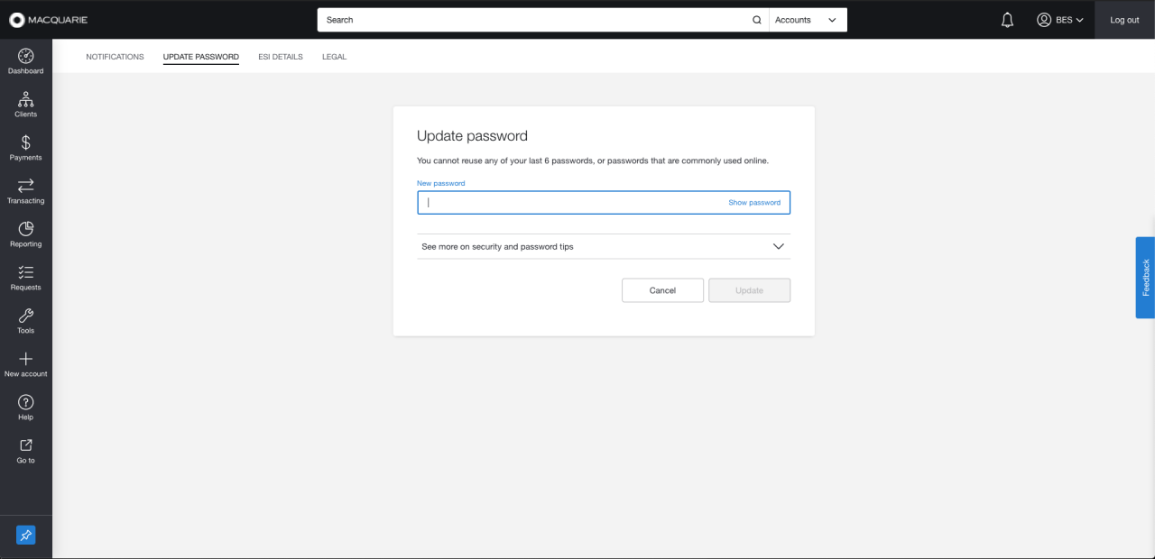 Update password feature in Adviser Online
