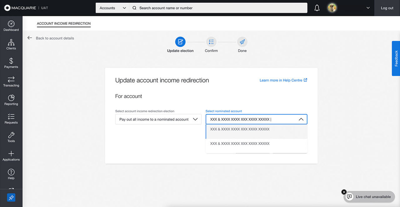 update account income redirection 