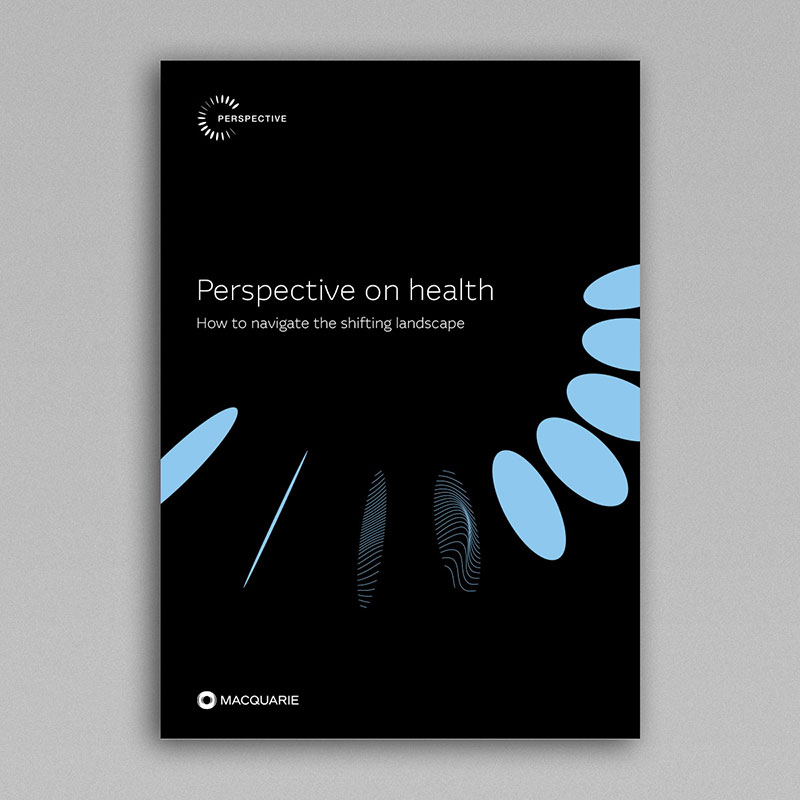 Image of front cover of Macquarie Healthcare Industry Pulse Check Report on a grey background
