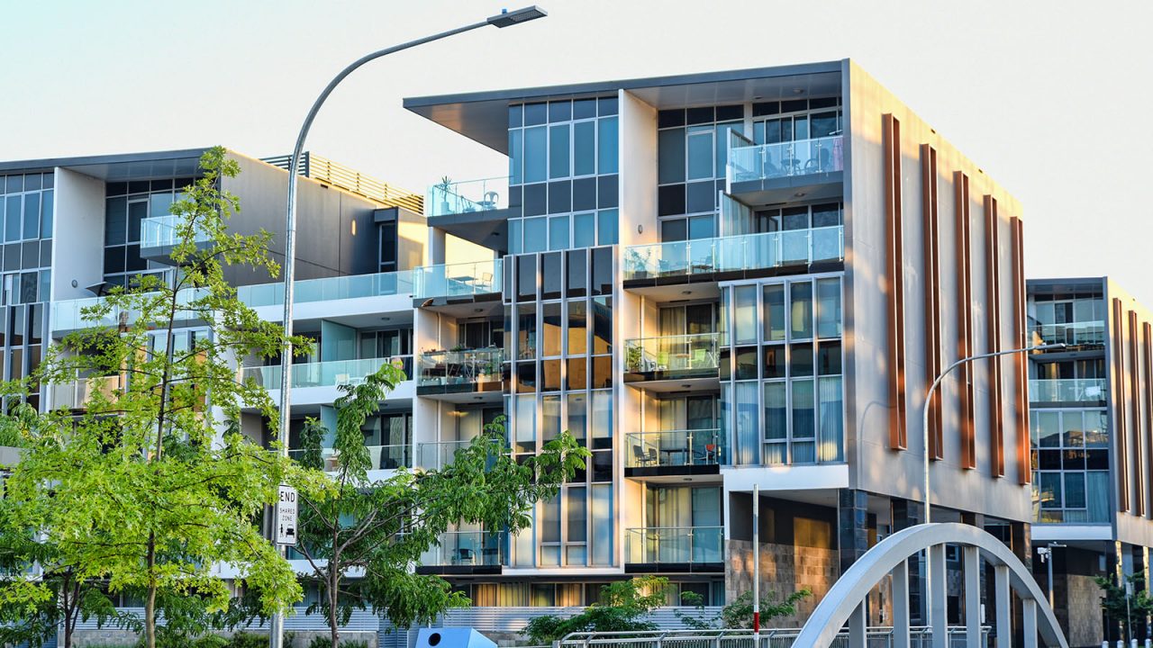 Modern apartment block by river