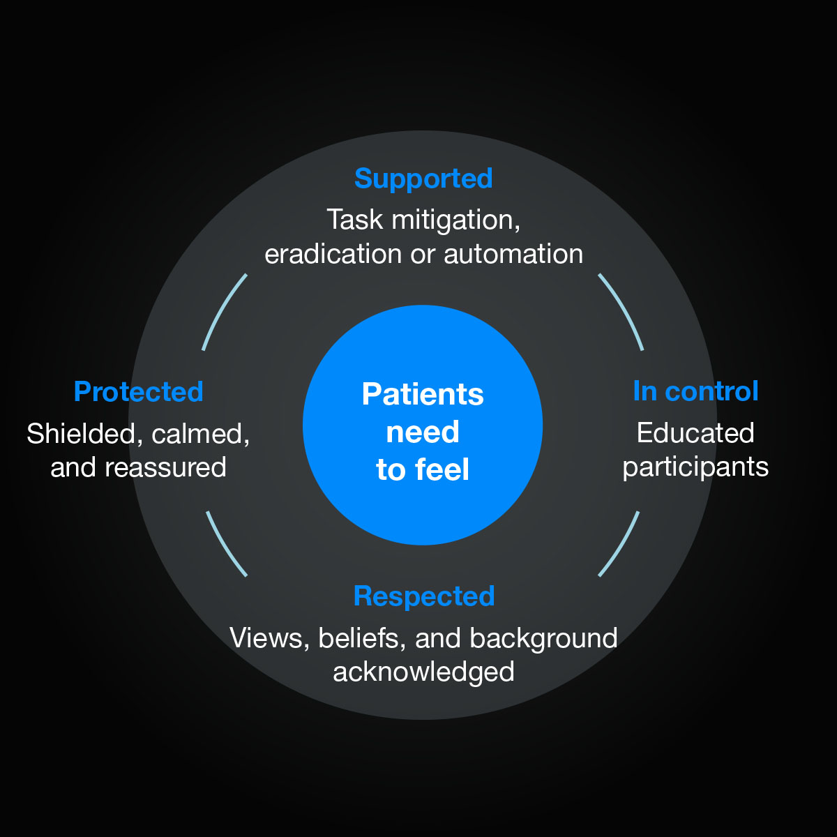A large circle surrounded by 4 patient needs, each linked by a circular line, which surround a large central central.