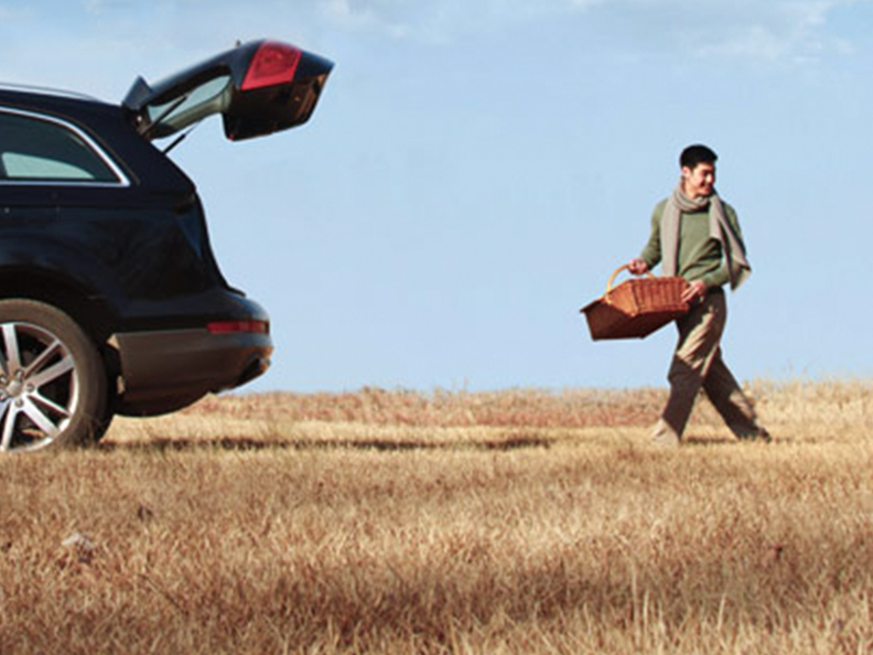 Man with picnic basket walks towards a car with boot open