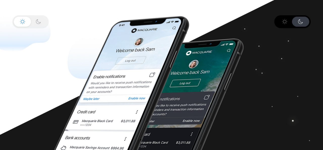 Two phones showing the light and dark mode of the Macquarie phone app with some graphics in the background.