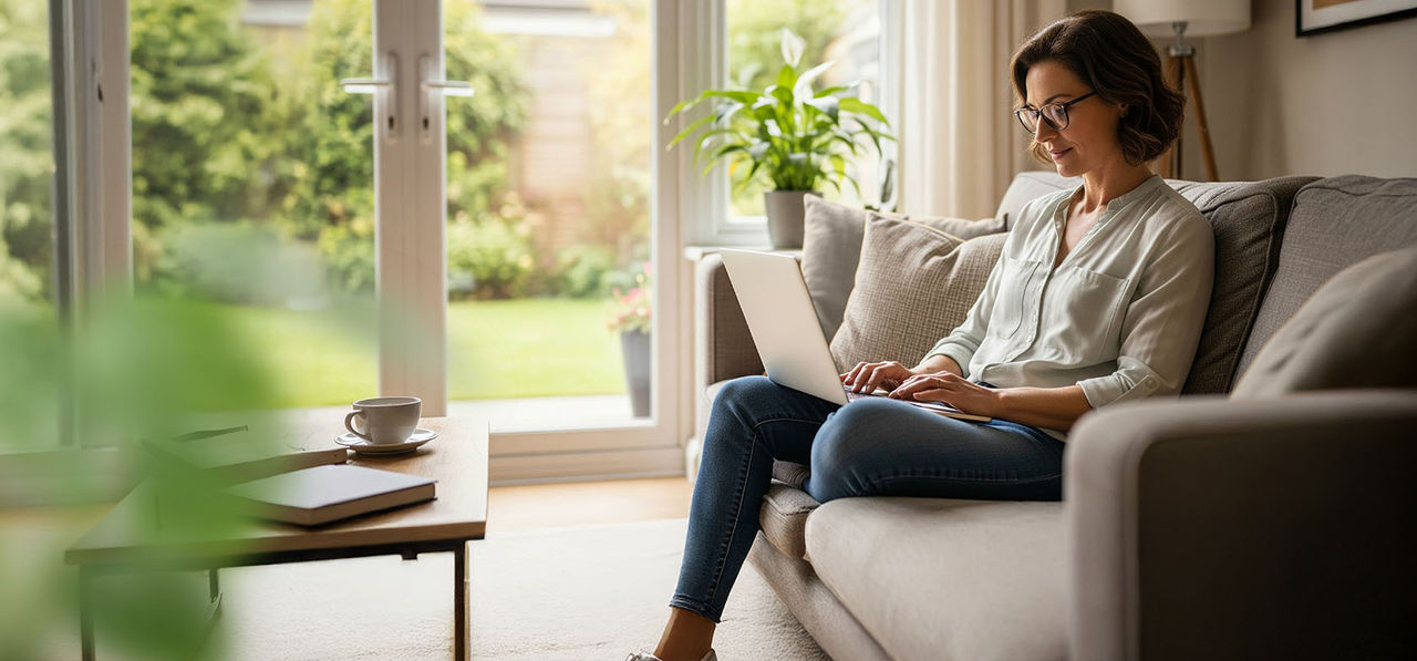 Woman sitting on sofa with laptop