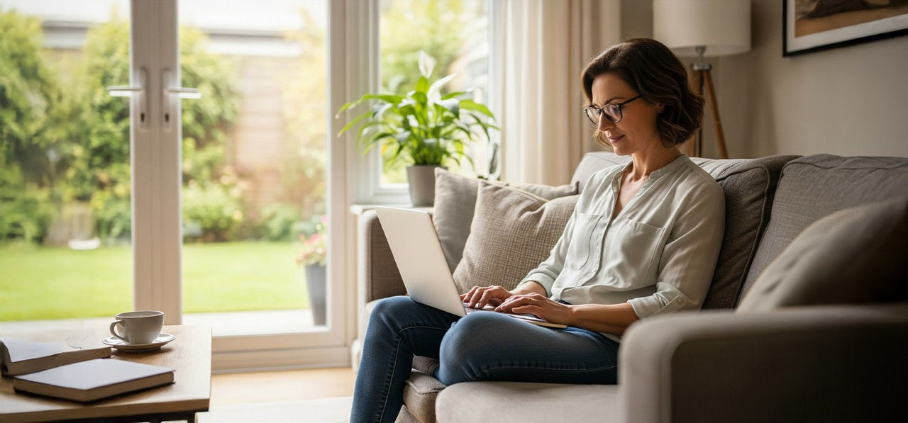 Woman sitting on sofa with laptop