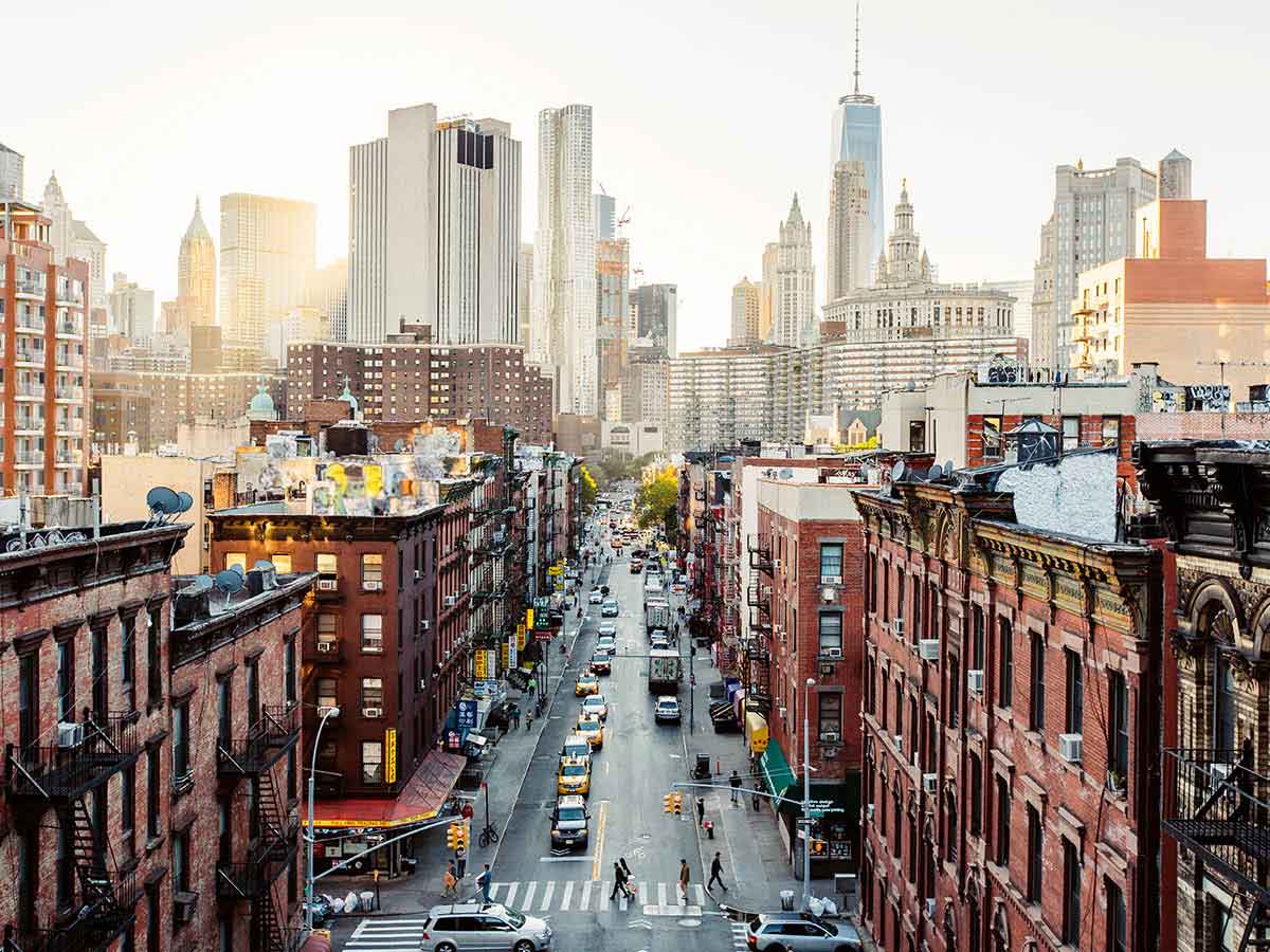 View of a Manhattan Downtown street during the day, shot from a high angle.