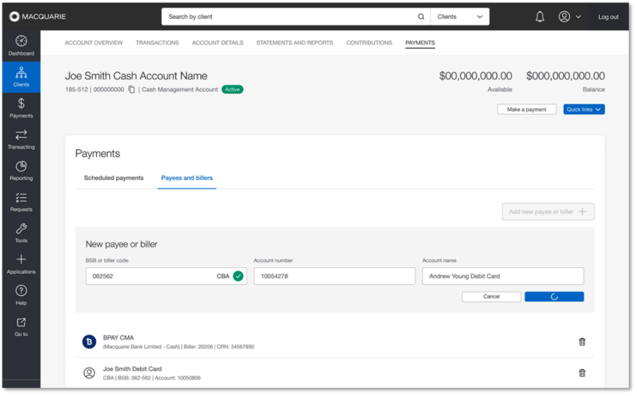 Screenshot of the payments screen on Macquarie Online
