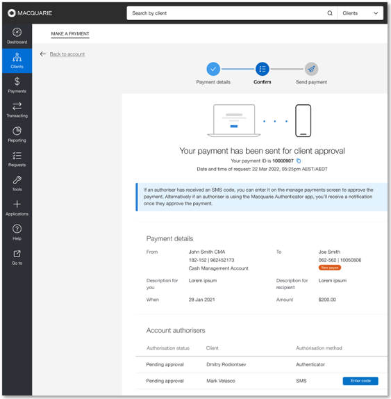 Screenshot of the Macquarie online banking showing the payment confirmation screen.