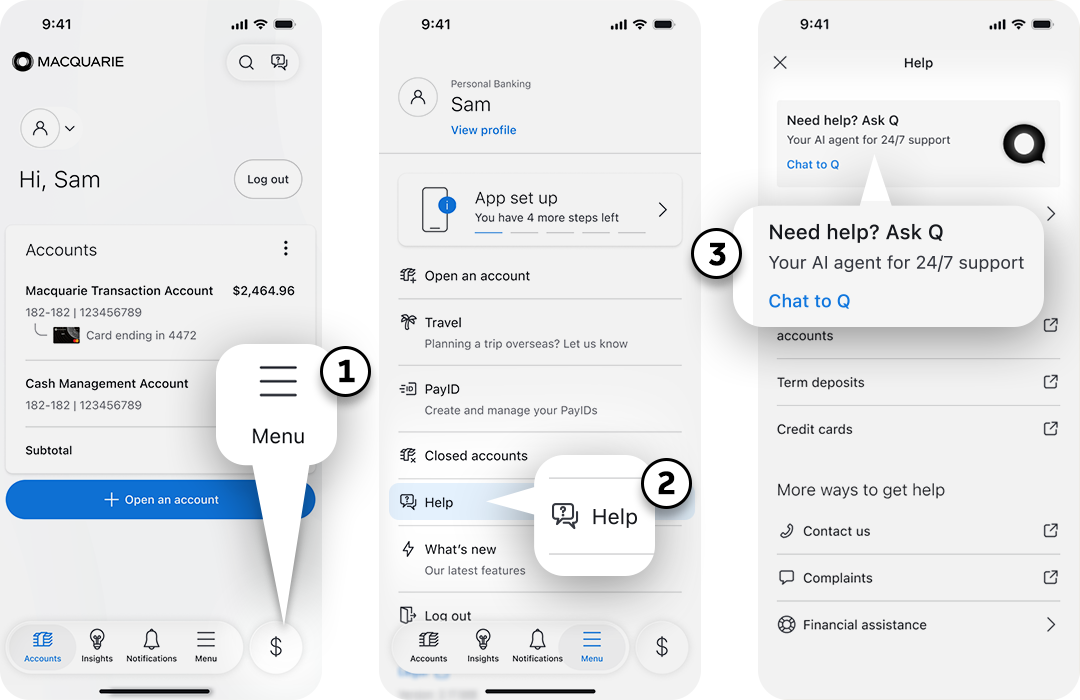 Macquarie mobile banking app chat to Q