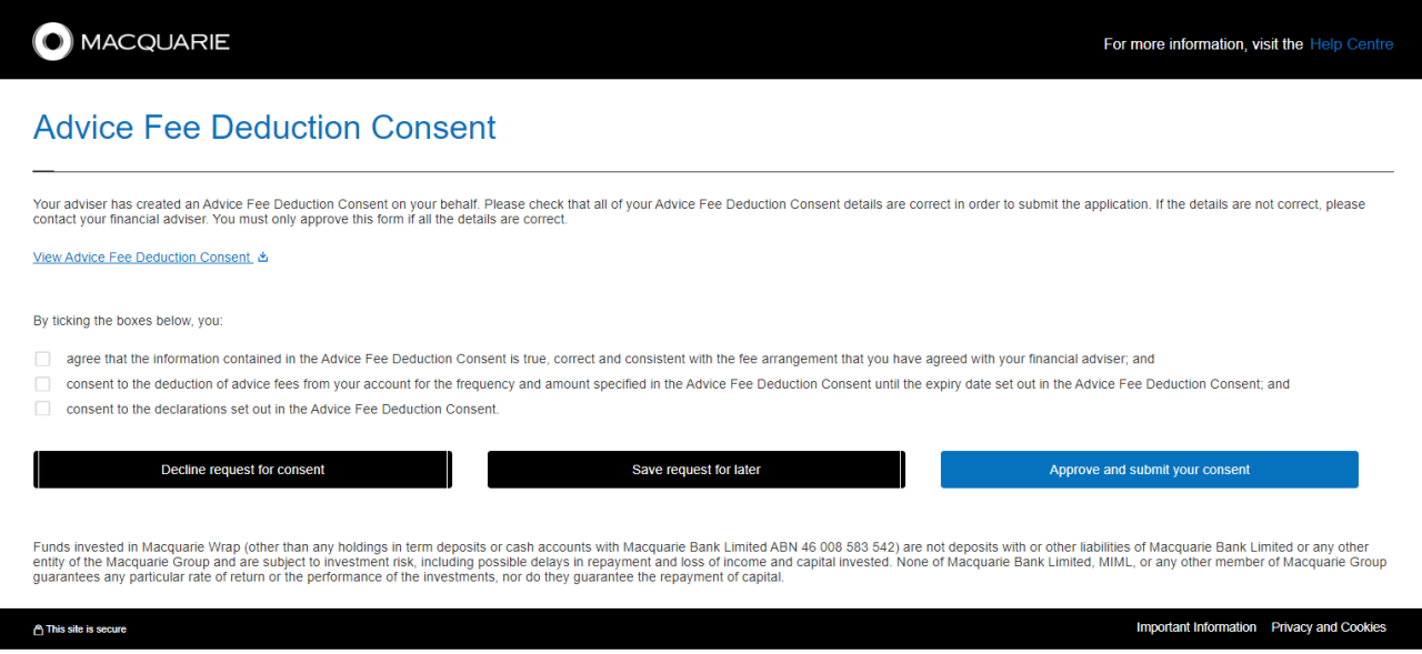 Image of Advice Fee Deduction Consent attestation screen