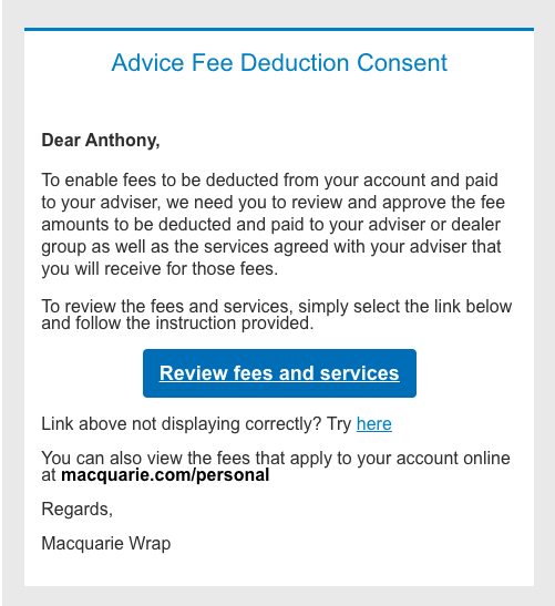 Image of advice fee confirmation email
