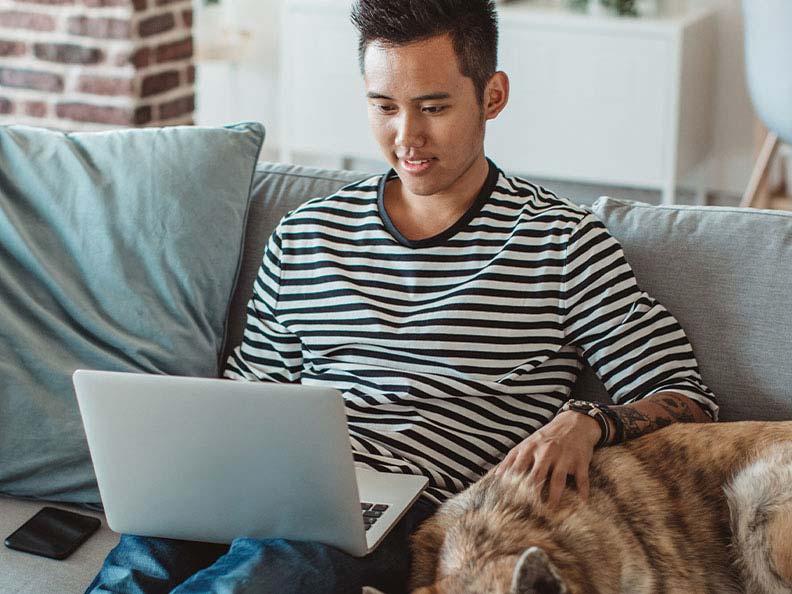 Young man sitting on sofa and reading something on laptop, he prepare for exams. He's pet dog is next to him