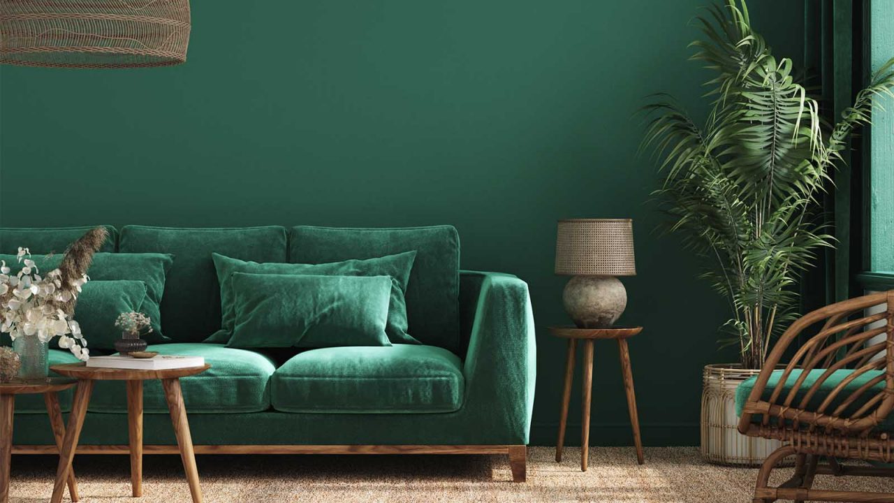 Home interior background with green sofa, table and decor in living room, 3d render