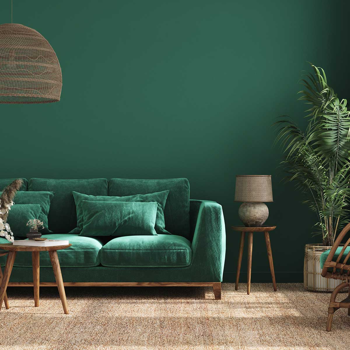 Home interior background with green sofa, table and decor in living room, 3d render