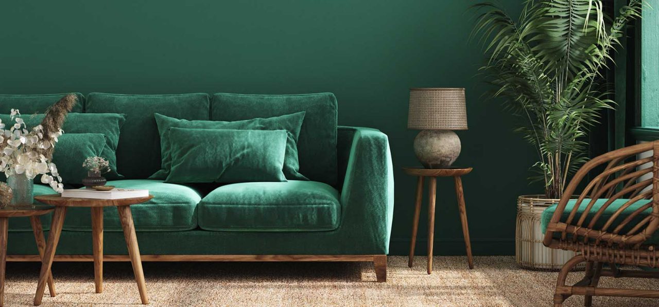 Home interior background with green sofa, table and decor in living room, 3d render