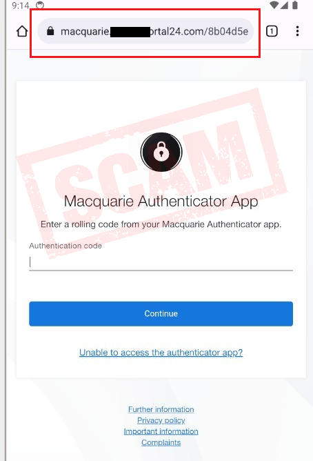 Phishing scam alert for authenticator
